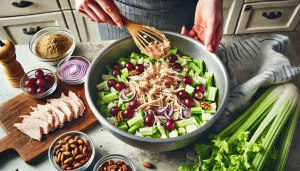 Add the shredded chicken, celery, red onion, grapes, and nuts to the bowl with the dressing