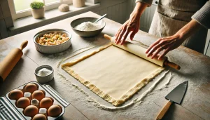 If using ready-rolled puff pastry, roll it out slightly on a floured surface to fit your pie dish. If using shortcrust pastry, ensure it’s rolled out evenly.