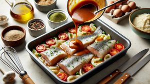 Start by placing the fish filling in a baking dish