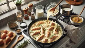 Stir in the double cream, Dijon mustard, and thyme. Season with salt and pepper to taste. Add the cooked chicken back into the pan, mixing everything well. Let the filling cool slightly