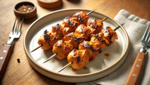 Transfer the chicken pieces from the skewers to a serving plate