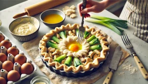 Use a fork to crimp the edges of the pastry. If you like, you can use the pastry trimmings to create decorative shapes on top. Brush the entire pastry with beaten egg for a golden finish