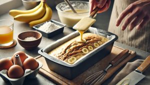 our the batter into a greased loaf pan