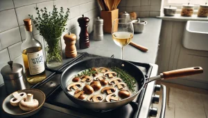 Add the white wine to the mushrooms and continue cooking until most of the liquid has evaporated