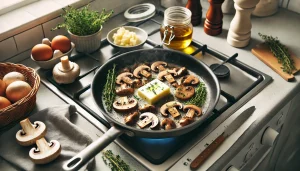 In the same pan, melt the butter and add the chopped mushrooms and thyme