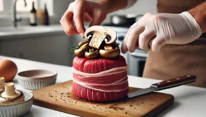 Place the seared beef fillet on top of the mushroom layer