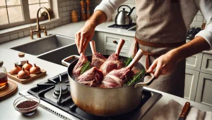 Place the seared lamb shanks back into the pot, ensuring they are submerged in the liquid