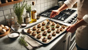 Preheat the oven to 350°F and prepare the mushrooms by tossing them with olive oil, thyme, and salt before baking for 10-15 minutes