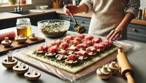 Spoon the cooled mushroom mixture onto the prosciutto, forming an even layer