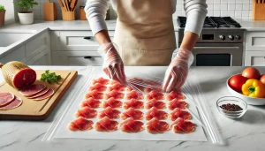 Spread the prosciutto slices on a sheet of plastic wrap, slightly overlapping