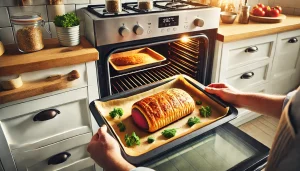 Transfer the beef wellington to a baking sheet and bake in a preheated oven at 200°C
