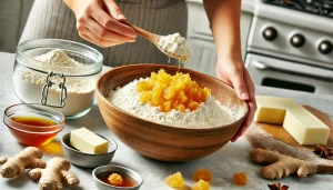 Add the finely chopped crystallized ginger and golden syrup to the bowl