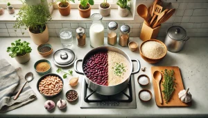 In a large pot, combine the kidney beans, rice, coconut milk, water, garlic, thyme, allspice, and salt.