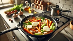 Next, sauté the onion, carrots, celery, and garlic in the same skillet until they become fragrant and golden brown