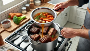 Once the ribs are done, strain the cooking liquid into a separate container