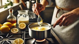 Once the sugar has melted, remove the saucepan from the heat and stir in the lemon zest and juice