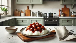 Remove from heat and serve the sticky chicken over fluffy white rice or noodles
