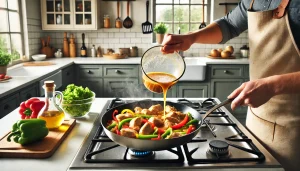 Return the chicken to the pan and pour the sauce over the chicken and bell peppers