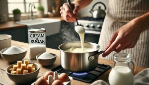 Start by heating the cream and sugar in a saucepan over medium heat, stirring until the sugar has completely dissolved