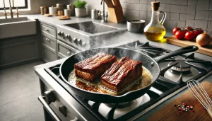 Start by searing the ribs in a hot skillet with a drizzle of olive oil.