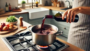 Pour in the red wine, stirring to deglaze the pot