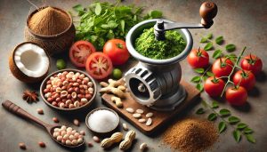 in a grinder, combine the cooked tomatoes, roasted peanuts, roasted dry coconut, salt, and jaggery