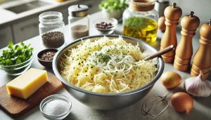 After completing the essential steps of grating, soaking, and drying the potatoes, you can move on to the next phase. If you’re using an onion, grate it finely and set aside.