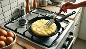 Once the pan is hot, add the potato mixture to the skillet, spreading it evenly across the surface. Use a spatula to press down gently, forming a compact cake.