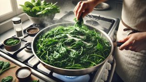 Gradually add the fresh spinach, stirring constantly