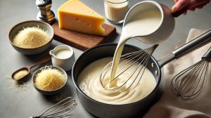 Slowly pour in warm milk, whisking continuously to avoid lumps