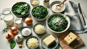 Wash the spinach thoroughly, chop the onion and garlic, and grate the Parmesan cheese. If you’re making your own béchamel sauce, have the ingredients ready.