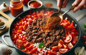 Add red pepper, tomatoes, tomato purée, and beef stock.