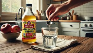 Add 1 tablespoon of apple cider vinegar to a glass.